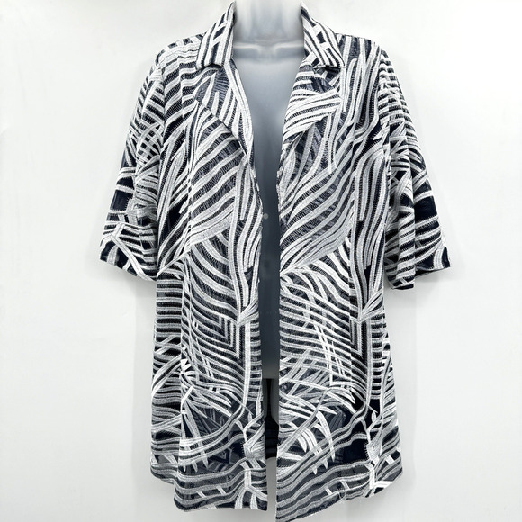 Chico's Travelers Printed Strip Jacket Sz 1 M 8-10 Navy Silver Mesh Embroidered - Picture 1 of 14